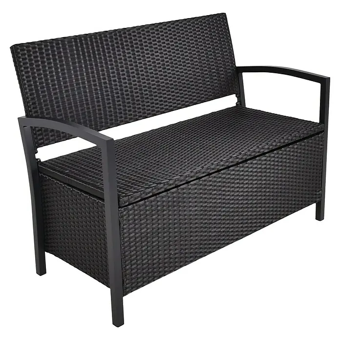Garden Pleasure Gartenbank Ferrara - B x T x H: 117 x 58 x 86 cm, Aluminium, Polyrattan, Schwarz - Dunkelgraue Rattan-Gartenaufbewahrungsbank mit schwarzem Metallrahmen.