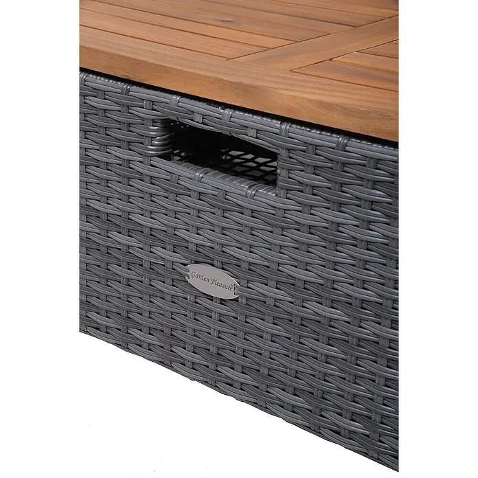 Garden Pleasure Loungesofa Bari - Stahl, Akazie, Polyester, Braun/Anthrazit - Graue Outdoor-Aufbewahrungsbox aus Geflecht mit brauner Lattenholzplatte, mit 'Garden Pleasure'-Etikett.