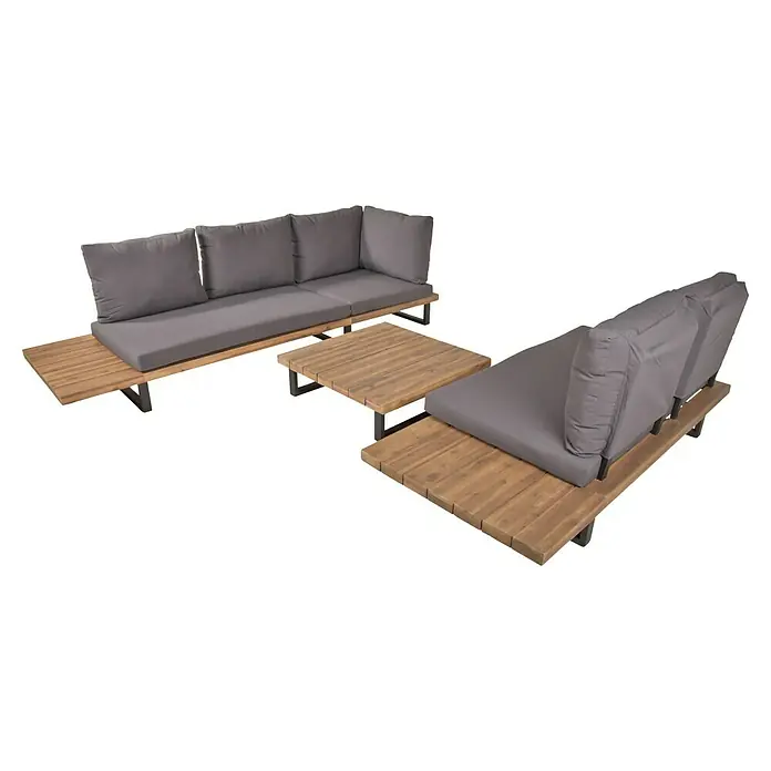 Garden Pleasure Loungemöbel-Set Acapulco - 4 -tlg., Stahl, Akazie, Dunkelgrau/Natur - Graue Polster-Outdoor-Lounge-Gruppe mit zwei Sofas und einem rechteckigen Couchtisch, alle mit Holzlattenuntergestellen.