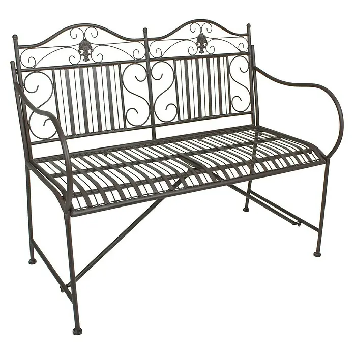 Garden Pleasure Gartenbank Mangan - B x T x H: 106 x 57 x 91 cm, Stahl, Schwarz-Braun - Eine verzierte, dunkelbraune Gartenbank aus Schmiedeeisen mit dekorativer geschwungener Rückenlehne und Lattenrostsitz.