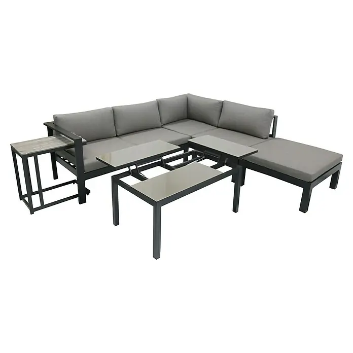 Garden Pleasure Loungemöbel-Set Miranda - 5 -tlg., Aluminium/Olefin, Grau/Anthrazit - L-förmiges Outdoor-Sofa mit grauen Polstern, dunklem Aluminiumrahmen, integriertem Beistelltisch und zwei höhenverstellbaren Couchtischen.