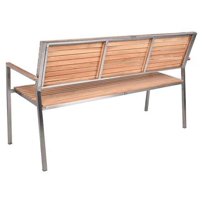 Garden Pleasure Gartenbank Denver 3-Sitzer - B x T x H: 144 x 56 x 86 cm, Teak, Edelstahl, Natur/Silber - Moderne Gartenbank mit hellen Holzlatten, Metallgestell und Armlehnen.