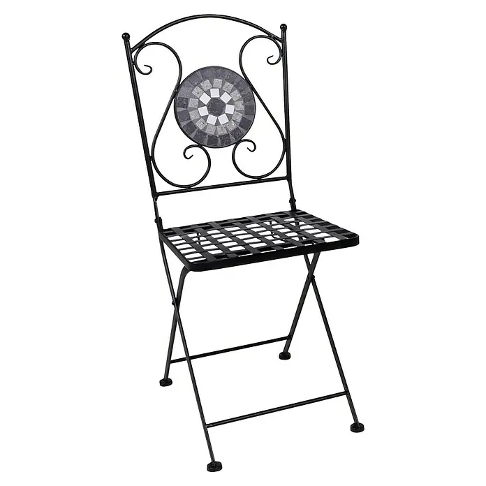 Garden Pleasure Balkonmöbel-Set Jalua - 3 -tlg., Stahl, Keramik, Schwarz-Grau-Weiß, Klappbar - Schwarzer Metallklappstuhl mit Mosaikrückenlehne und Lattenrostsitz.