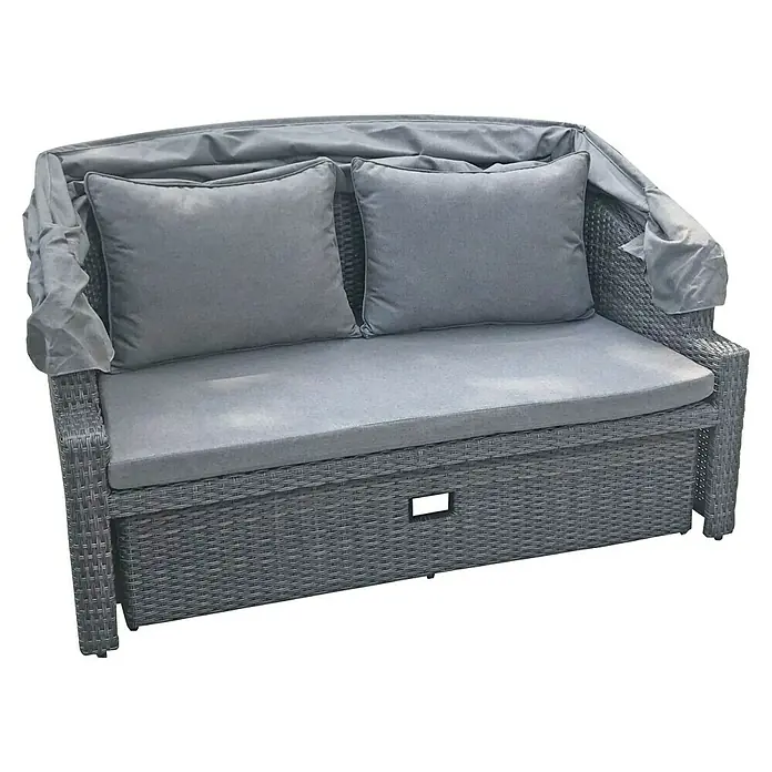 Garden Pleasure Loungesofa Monte Carlo - B x T x H: 146 x 144 x 74 cm, Aluminium, Polyethylen, Dunkelgrau, Ausziehbar - Graues Outdoor-Rattansofa mit grauen Kissen und schützender Abdeckung.
