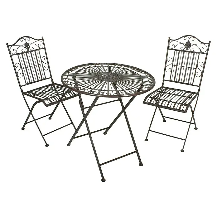 Garden Pleasure Balkonmöbel-Set Mangan - 3 -tlg., Stahl, Schwarzbraun, Klappbar - Verziertes, dunkelbraunes Metall-Bistro-Set mit rundem Tisch und zwei Klappstühlen.
