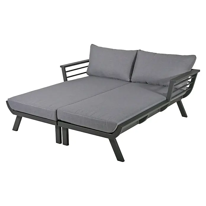 Garden Pleasure Doppelliege Delia - Aluminium, Dunkelgrau - Graues Outdoor-Tagesbett aus Metall mit zwei Liegeflächen und weichen grauen Kissen für gemütliches Entspannen im Freien zu zweit.