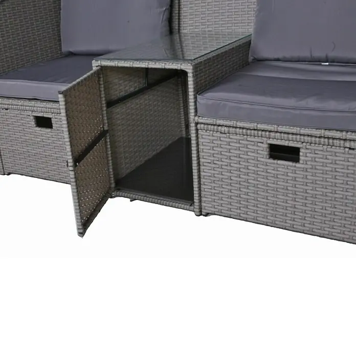 Garden Pleasure Loungesofa Saint-Tropez 2-Sitzer - B x T x H: 170 x 75 x 83 cm, Polyrattan, Schwarz/Silbergrau - Hellesgraues Outdoor-Sofa aus Rattan-Geflecht mit dunkelgrauen Kissen, integriertem Beistelltisch mit Glasplatte und offenem Staufach.