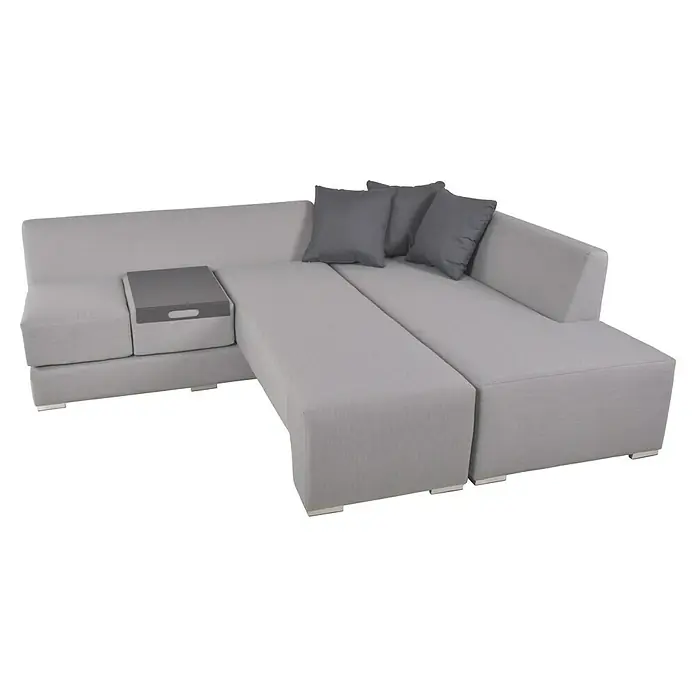 Garden Pleasure Loungemöbel-Set Wellington - 3 -tlg., Aluminium, Polyester, Hellgrau - Helles, graues Modulsofa mit dunkelgrauen Kissen und integriertem Tablett-Tisch, L-förmig angeordnet.