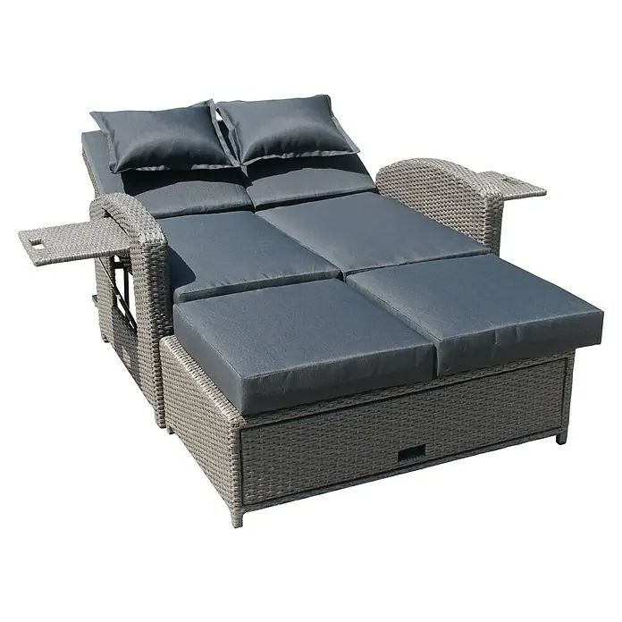 Garden Pleasure Loungesofa Nizza - Stahl, Kunststoff, Schwarz/Weidengrau - Graue Rattan Outdoor-Liege mit dunkelgrauen Kissen und zwei verstellbaren Beistelltischen.
