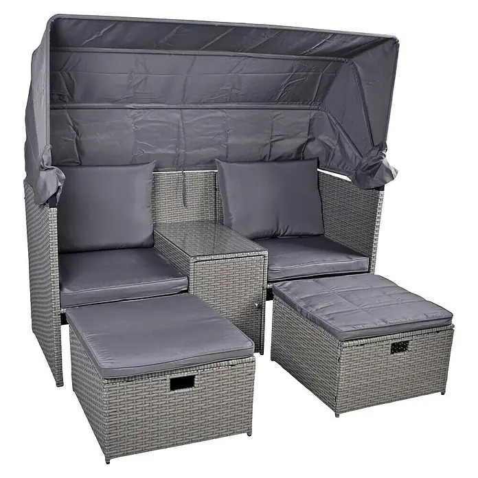 Garden Pleasure Loungesofa Saint-Tropez 2-Sitzer - B x T x H: 170 x 75 x 83 cm, Polyrattan, Schwarz/Silbergrau - Graue Polyrattan Gartenlounge mit Dach, zwei Sitzen, Tisch und zwei Fußhockern mit grauen Kissen.