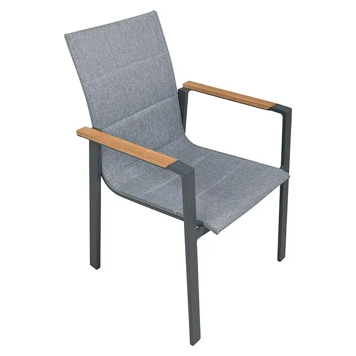 Garden Pleasure Stapelstuhl Davina - 2 Stk., Stapelbar, Hellgrau, B x T x H: 90 x 162 x 75 cm - Grauer Stoff-Sessel mit dunkelgrauem Metallrahmen und Holzarmlehnen.