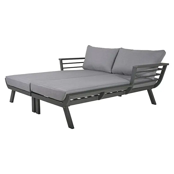 Garden Pleasure Doppelliege Delia - Aluminium, Dunkelgrau - Grau-metallene Outdoor-Lounge-Liege mit Armlehnen und hellgrauen Stoffkissen für entspannte Stunden im Freien.