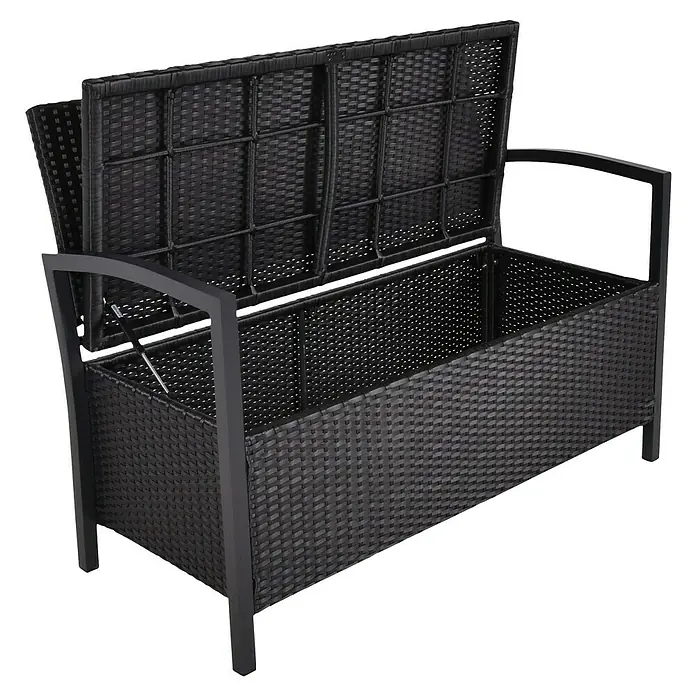 Garden Pleasure Gartenbank Ferrara - B x T x H: 117 x 58 x 86 cm, Aluminium, Polyrattan, Schwarz - Offene dunkle Rattan-Aufbewahrungsbank mit Metallrahmen.