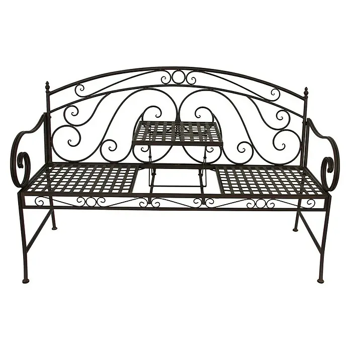 Garden Pleasure Gartenbank Saket mit hochklappbarem Tisch - B x T x H: 148 x 55 x 96 cm, Stahl, Schwarz - Verzierte Gartenbank aus dunklem Metall mit integriertem Mitteltisch, geschwungener Rückenlehne und Gitterrostsitzen.