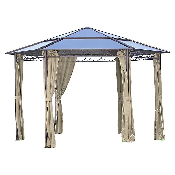 Garden Pleasure Standard-Pavillon Salmon 6-Eckig - Aluminium - Sechseckiger Pavillon mit dunklem Gestell, blau getöntem transparentem Dach und beigefarbenen gebundenen Vorhängen.