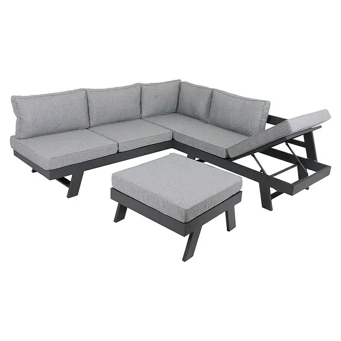 Garden Pleasure Loungemöbel-Set Donna - 3 -tlg., Aluminium, Polyester, Grau/Schwarz - Graues Ecksofa mit dunklem Gestell und verstellbarem Liegeteil, dazu passender Hocker.