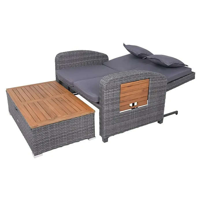 Garden Pleasure Loungesofa Bari - Stahl, Akazie, Polyester, Braun/Anthrazit - Graues Rattan-Outdoor-Tagesbettset mit grauen Kissen und einer Holztruhe.