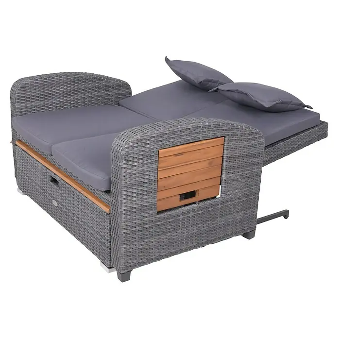 Garden Pleasure Loungesofa Bari - Stahl, Akazie, Polyester, Braun/Anthrazit - Graues Rattan-Gartenssofa, ausziehbar zum Tagesbett, mit grauen Kissen und Holzdetails.