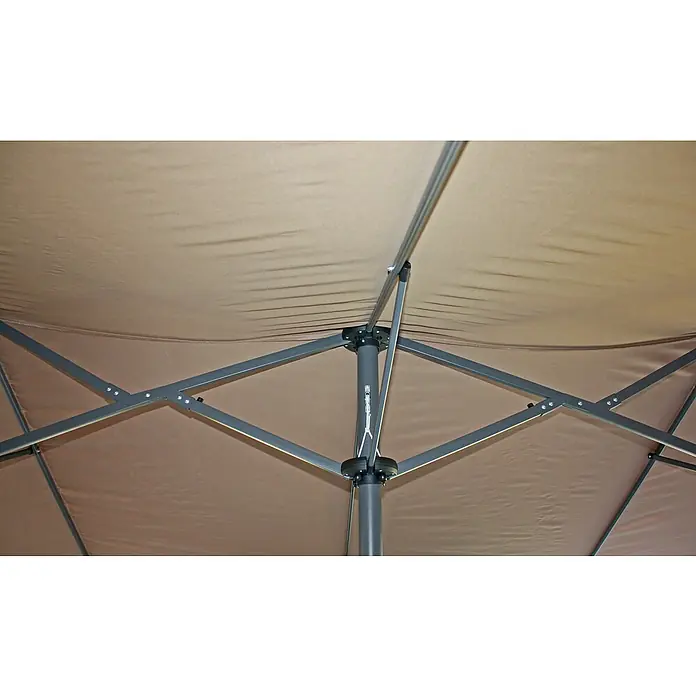 Garden Pleasure Marktschirm - Hellbraun, Bespannungsmaß (L x B): 265 x 450 cm - Unterseite eines beigefarbenen Sonnenschirms mit grauem Metallgestell, das die Stützstruktur zeigt.