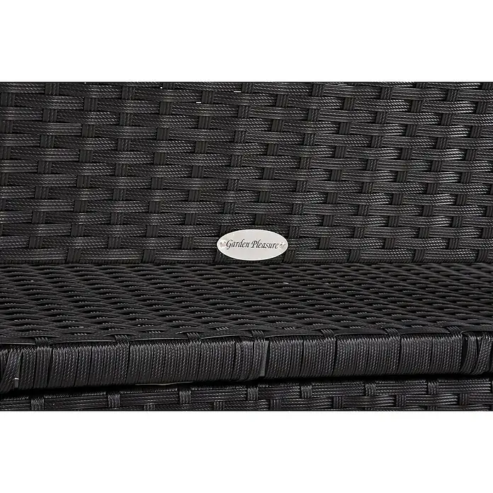 Garden Pleasure Gartenbank Ferrara - B x T x H: 117 x 58 x 86 cm, Aluminium, Polyrattan, Schwarz - Nahaufnahme von dunklen, geflochtenen Rattan-Gartenmöbeln mit 'Garden Pleasure' Plakette.