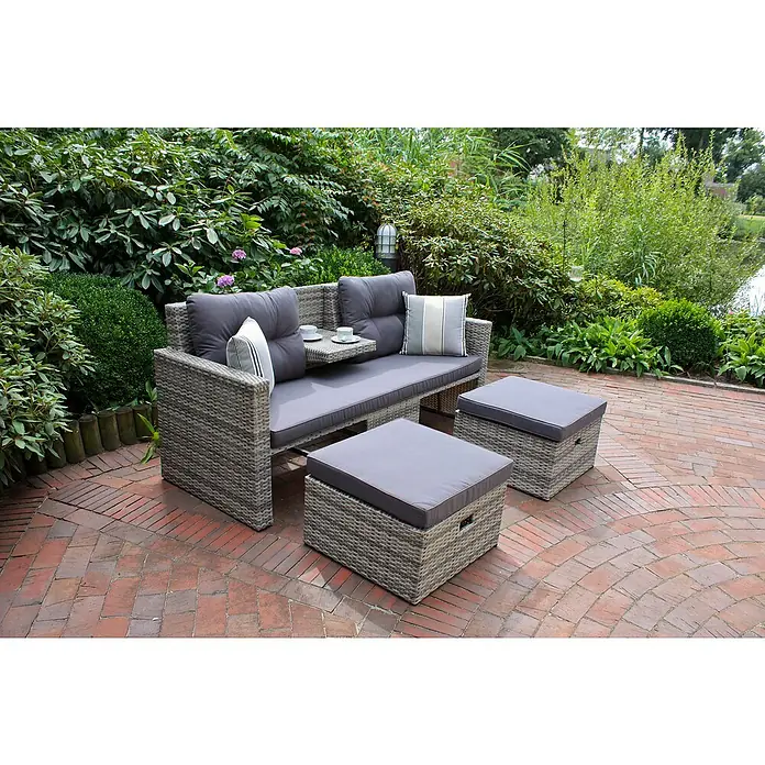 Garden Pleasure Loungesofa Valletta - B x T x H: 180 x 75 x 86 cm, 3 -tlg., Aluminium, Kunststoffgeflecht HDPE, Schwarz/Grau - Graues Rattan-Sofa-Set mit Kissen und zwei passenden Hockern für den Außenbereich.