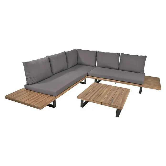 Garden Pleasure Loungemöbel-Set Acapulco - 4 -tlg., Stahl, Akazie, Dunkelgrau/Natur - Outdoor-Ecksofa-Set mit grauen Kissen, Holzlatten und dunklen Metallbeinen, inklusive passendem Couchtisch.