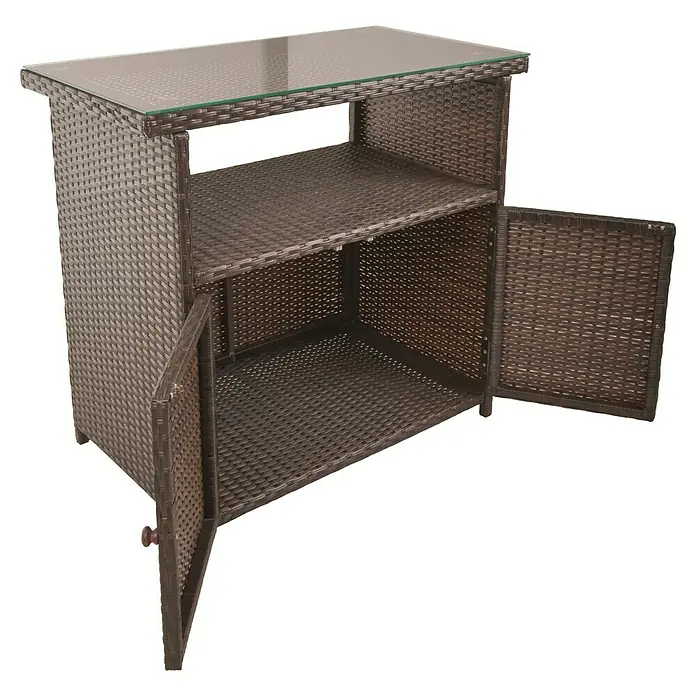 Garden Pleasure Garten-Aufbewahrungschrank Padua - L x B x H: 84 x 50 x 90 cm, Aluminium, Polyethylen, Braun - Brauner Outdoor-Rattanschrank mit Glasplatte, zwei offenen Türen und Innenregalen.