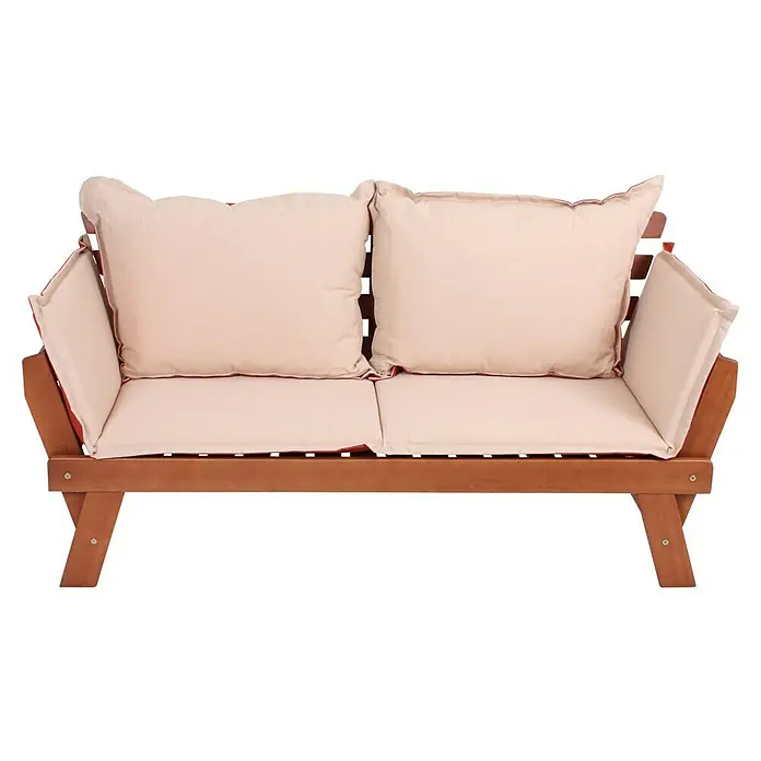 Garden Pleasure Gartenbank Fortuna - B x T x H: 162 x 72 x 75 cm, Eukalyptus, Natur, Klappbar - Outdoor-Sofa aus Holz mit beigen Kissen und roter Paspelierung, geeignet für Garten oder Terrasse.