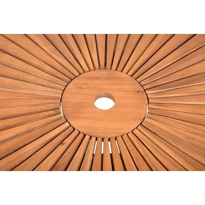 Garden Pleasure Gartentisch rund Fremont - Ø x H: 110 x 75 cm, Akazie, Natur - Braune Holztischplatte mit radialen Latten und zentralem Sonnenschirmloch.