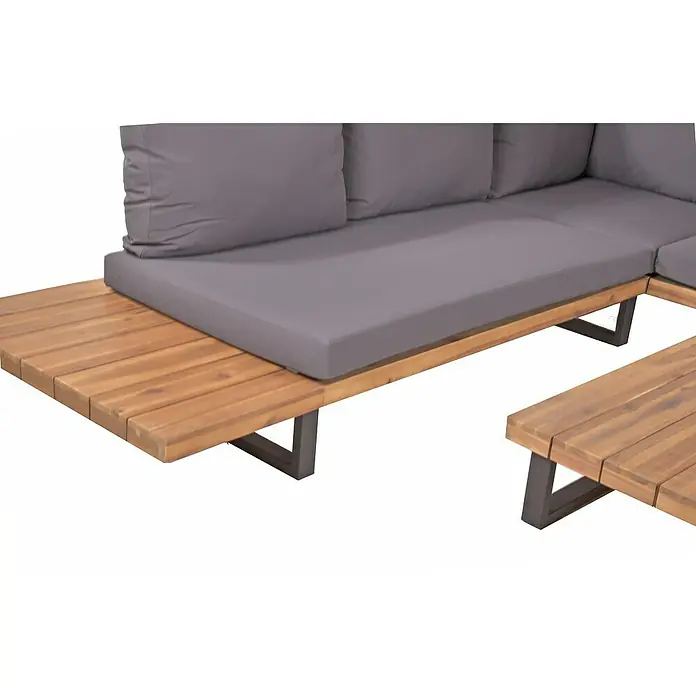 Garden Pleasure Loungemöbel-Set Acapulco - 4 -tlg., Stahl, Akazie, Dunkelgrau/Natur - Outdoor-Lounge-Set aus Holz mit grauen Kissen, integriertem Beistelltisch und passendem Couchtisch. Dunkle Metallbeine.
