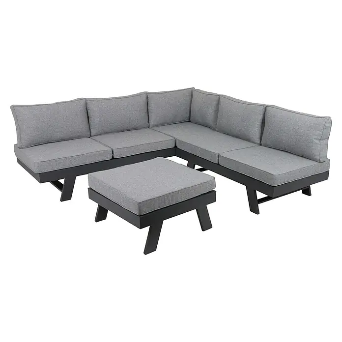 Garden Pleasure Loungemöbel-Set Donna - 3 -tlg., Aluminium, Polyester, Grau/Schwarz - Graues Outdoor-Ecksofa und Hocker mit dunklem Gestell.