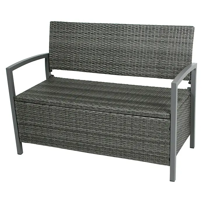 Garden Pleasure Gartenbank Ferrara - B x T x H: 117 x 58 x 86 cm, Aluminium, Polyrattan, Grau - Graue Rattan-Optik Outdoor-Sitzbank mit Stauraum und Metallrahmen.