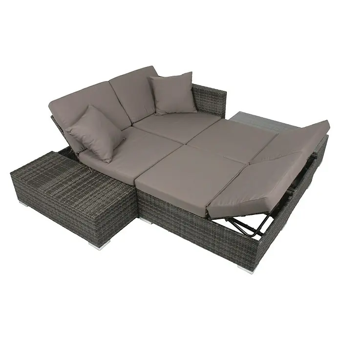 Garden Pleasure Loungemöbel-Set Alcudia - 4 -tlg., Aluminium, Kunststoffgeflecht HDPE, Grau - Graue Rattan-Gartenlounge mit modularem Design und verstellbarer Rückenlehne, dazu hellgraue Kissen.