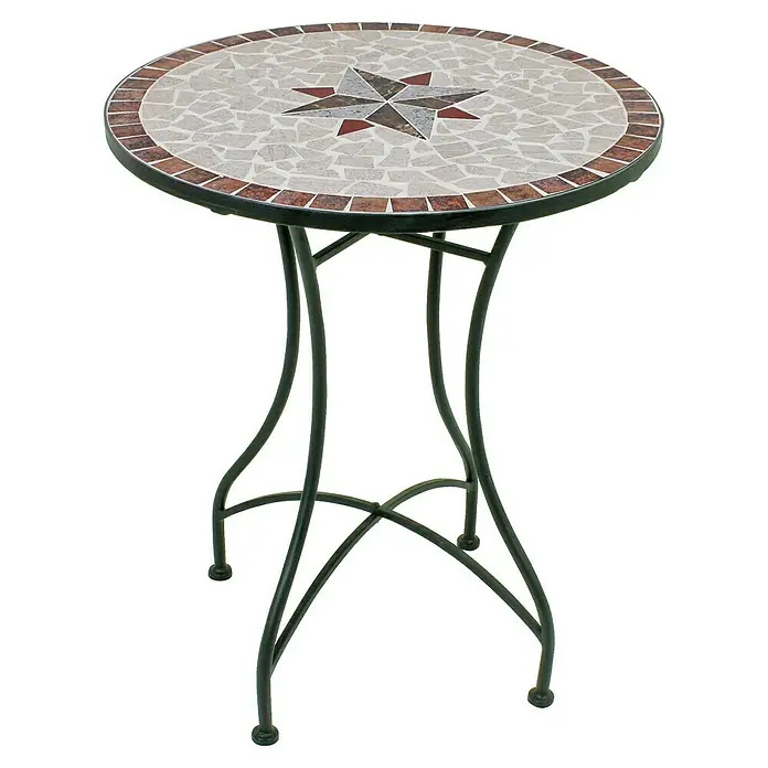 Garden Pleasure Balkonmöbel-Set Amarillo - 3 -tlg., Schmiedeeisen, Keramik, Weiß/Braun/Ocker, Klappbar - Runder Mosaik-Gartentisch mit Sternmuster auf der Platte und dunklen Metallbeinen.