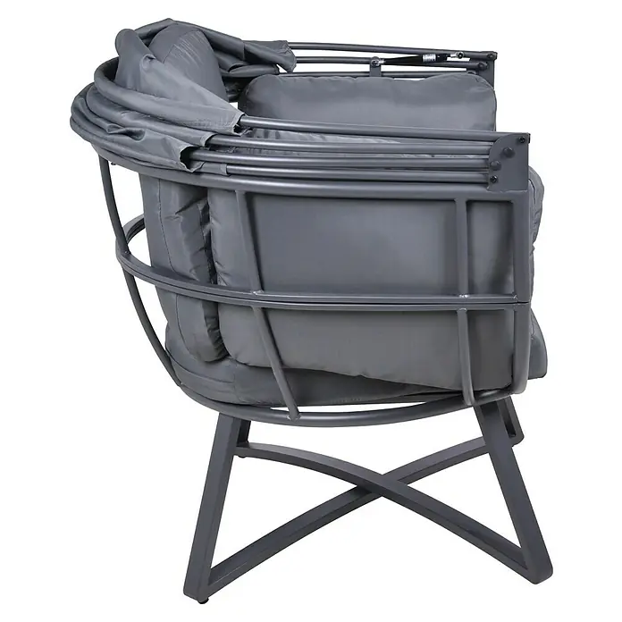 Garden Pleasure Garten-Loungesessel Delos - Anthrazit, B x T x H: 91 x 77 x 152 cm - Grauer Outdoor-Sessel aus Metall mit plüschigen grauen Kissen und zurückgeklapptem Verdeck.