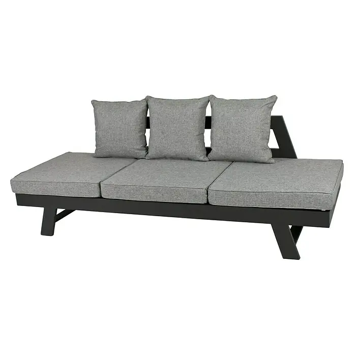 Garden Pleasure Loungesofa Donna - B x T x H: 216 x 74 x 70 cm, Aluminium, Polyester, Grau/Schwarz - Graues Outdoor-Sofa mit drei gepolsterten Sitz- und Rückenkissen auf einem dunklen Rahmen.