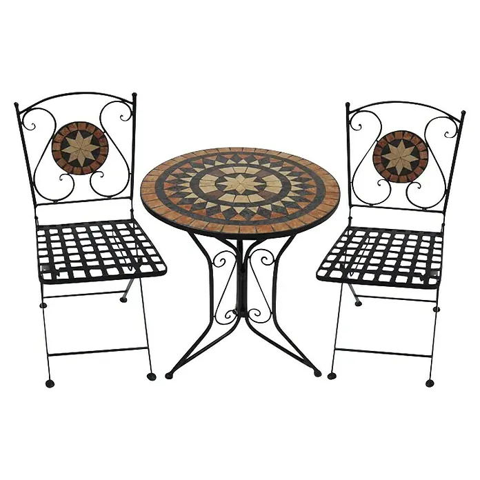 Garden Pleasure Balkonmöbel-Set Pular - 3 -tlg., Stahl, Keramik, Schwarz/Braun, Klappbar - Schwarzes Schmiedeeisen-Bistroset mit Mosaiktisch und Stuhllehnen mit Sternmuster.