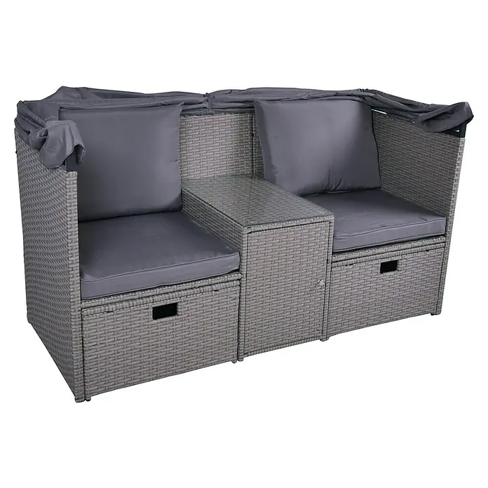 Garden Pleasure Loungesofa Saint-Tropez 2-Sitzer - B x T x H: 170 x 75 x 83 cm, Polyrattan, Schwarz/Silbergrau - Graues Rattan-Gartensofa mit Kissen, ausziehbarer Markise, integriertem Glastisch und Schubladen.