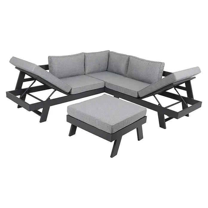 Garden Pleasure Loungemöbel-Set Donna - 3 -tlg., Aluminium, Polyester, Grau/Schwarz - Graues Ecksofa für den Garten mit verstellbaren Liegeflächen und passendem Hocker.