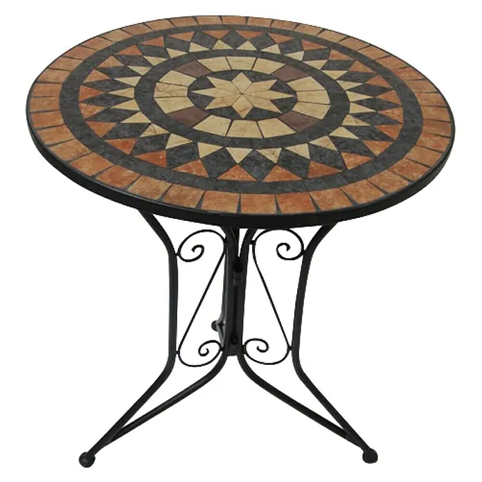 Garden Pleasure Balkonmöbel-Set Pular - 3 -tlg., Stahl, Keramik, Schwarz/Braun, Klappbar - Runder Mosaik-Gartentisch mit sternförmiger braun-beiger-dunkelgrauer Fliesenplatte und schwarzen Schmiedeeisenbeinen.