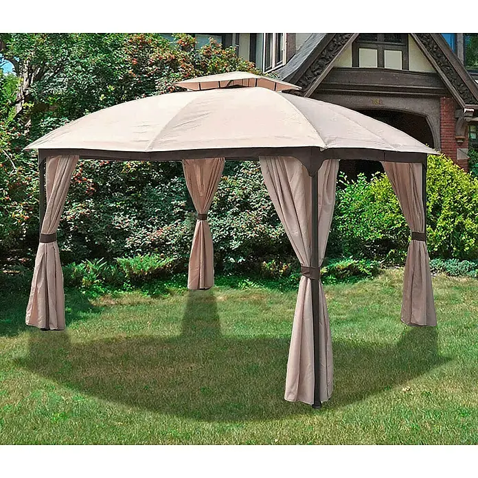 Garden Pleasure Standard-Pavillon Pires - L x B x H: 360 x 300 x 270 cm, Material Gestell: Stahl - Beiges Outdoor-Pavillon mit dunkelbraunem Gestell und hochgebundenen Vorhängen.