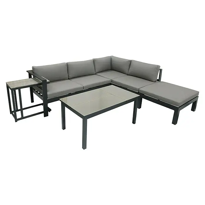 Garden Pleasure Loungemöbel-Set Miranda - 5 -tlg., Aluminium/Olefin, Grau/Anthrazit - L-förmiges Outdoor-Loungeset mit dunkelgrauem Rahmen, hellgrauen Kissen, Couchtisch und Beistelltisch.