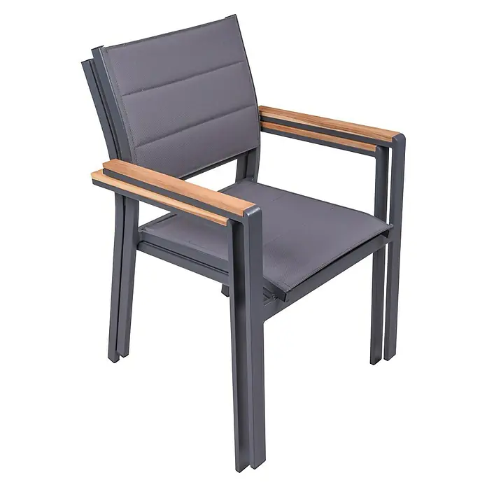 Garden Pleasure Stapelstuhl Davina - 2 Stk., Aluminium, Teak, Stapelbar, Dunkelblau, B x T x H: 58 x 57 x 86 cm - Grauer Stuhl mit Holzarmlehnen und Textilsitz/-lehne.