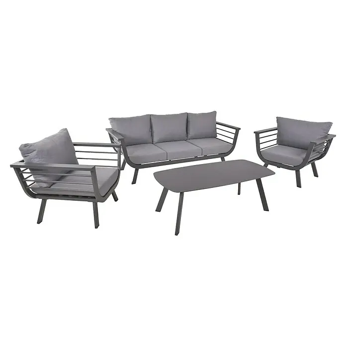Garden Pleasure Loungemöbel-Set Elia - 4 -tlg., Aluminium, Polyester, Grau/Anthrazit - Graues Outdoor-Lounge-Set aus Metall: 3er-Sofa, zwei Sessel und ein rechteckiger Couchtisch mit hellgrauen Kissen.