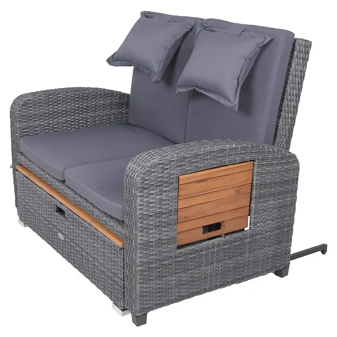 Garden Pleasure Loungesofa Bari - Stahl, Akazie, Polyester, Braun/Anthrazit - Graues Rattan-Zweisitzer-Gartensofa mit grauen Kissen, Holzdetails und ausziehbarer Fußstütze.