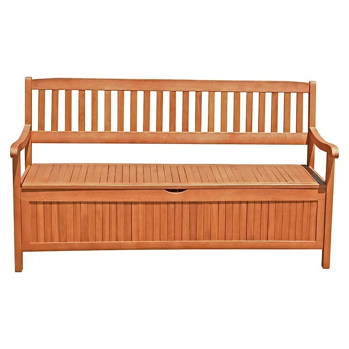 Garden Pleasure Gartenbank Houston 3-Sitzer - B x T x H: 157 x 59 x 90 cm, Eukalyptus, Natur - Hellbraune Holz-Sitzbank mit Stauraum, Lattenlehne, Armlehnen und aufklappbarer Sitzfläche.