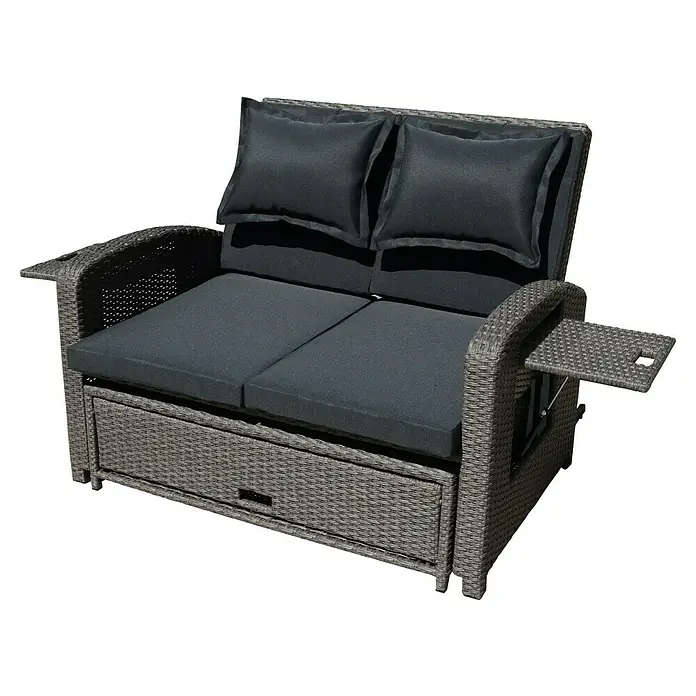 Garden Pleasure Loungesofa Nizza - Stahl, Kunststoff, Schwarz/Weidengrau - Graues Polyrattan-Gartensofa mit dunklen Kissen, integrierter Schublade und ausziehbarem Beistelltisch mit Getränkehalter.