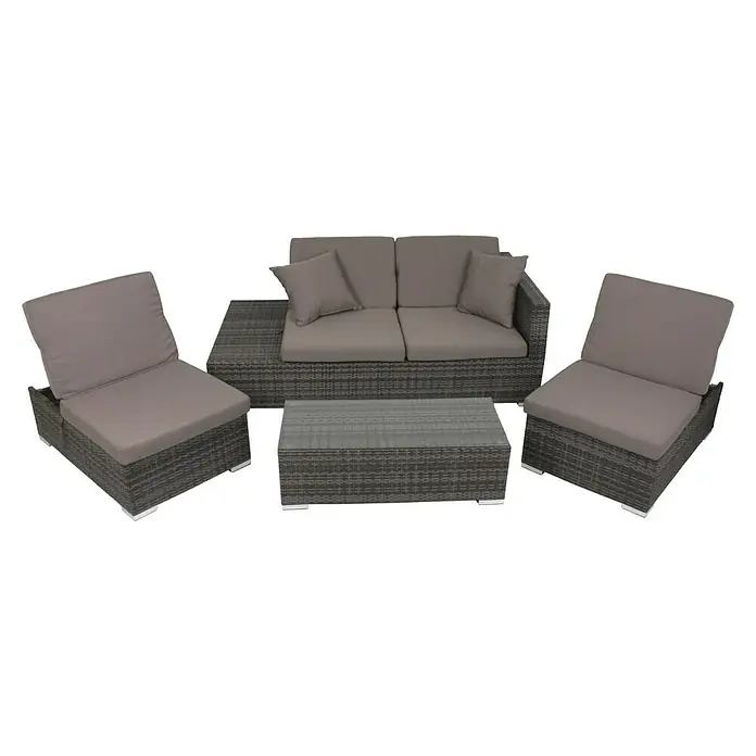Garden Pleasure Loungemöbel-Set Alcudia - 4 -tlg., Aluminium, Kunststoffgeflecht HDPE, Grau - Graue Rattan-Gartenmöbelgarnitur mit hellgrauen Kissen, bestehend aus Zweisitzer-Sofa, zwei Sesseln und Couchtisch mit Glasplatte.
