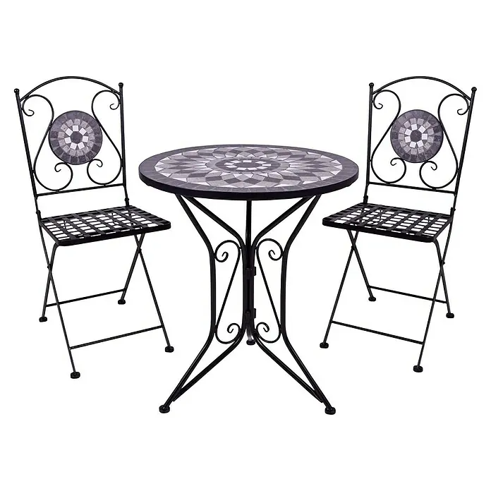 Garden Pleasure Balkonmöbel-Set Jalua - 3 -tlg., Stahl, Keramik, Schwarz-Grau-Weiß, Klappbar - Schwarzes Schmiedeeisen-Bistro-Set mit Mosaiktisch und zwei passenden Stühlen für Garten oder Terrasse.
