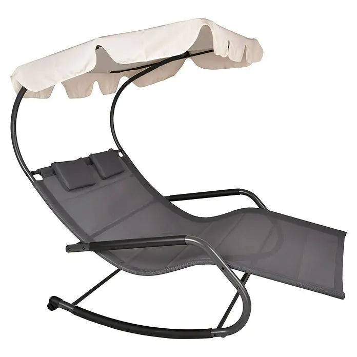 Garden Pleasure Gartenliege Serifos - Stahl, Anthrazit/Beige - Grauer Netz-Schaukelliegestuhl mit dunklem Metallrahmen und weißem Sonnendach.